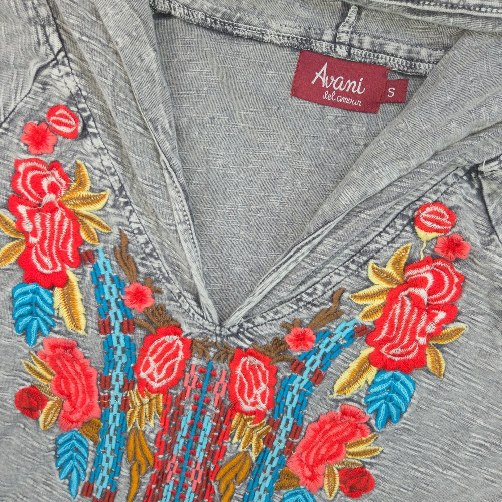 Avani Del Amour Hoodie Women Small Gray Cotton Floral Embroidered Boho Relaxed S